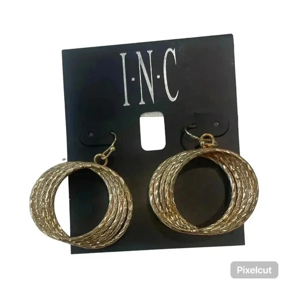 INC. Gold-Tone Diamond Cut Multi-Row Twisted Circle Drop Earrings NWT Macy’s - Picture 2 of 3
